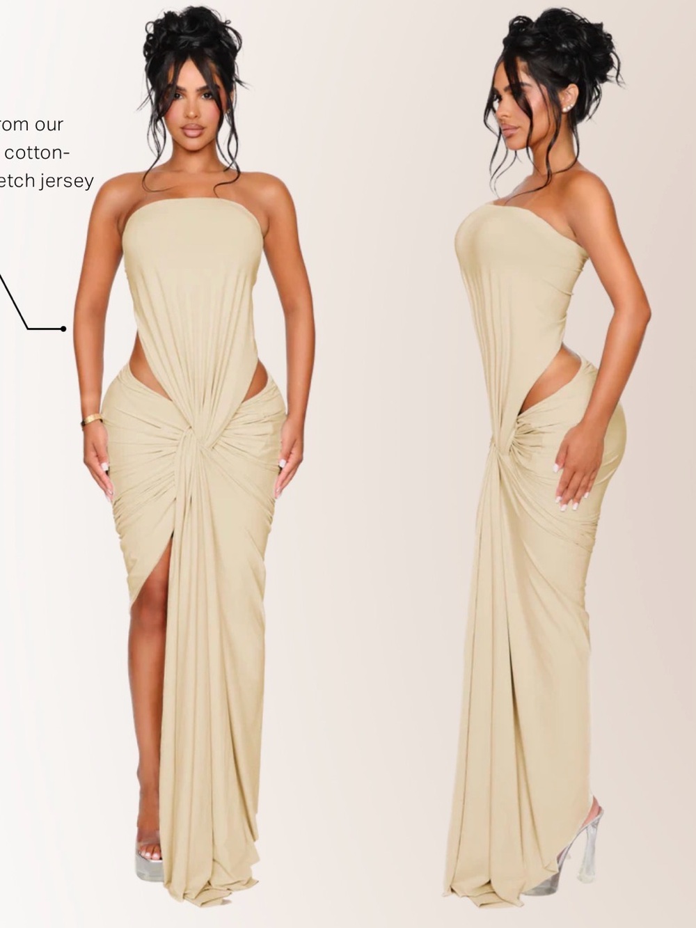 Strapless Beige Knot-Front Maxi Dress by CouCoo